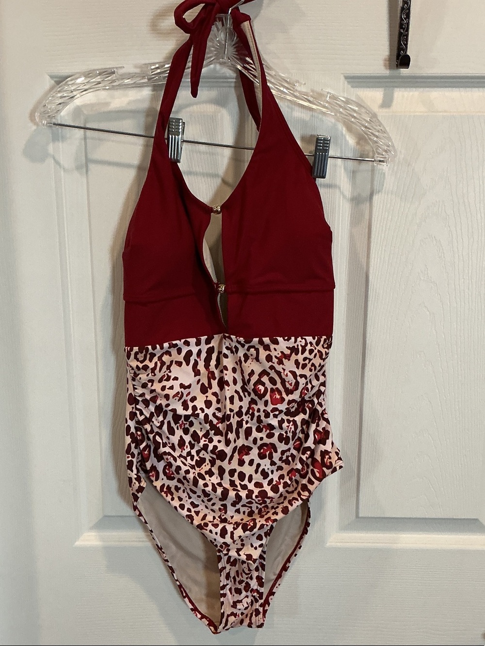 Cupshe Red and Cream Leopard-Print Halter One-Piece NWT